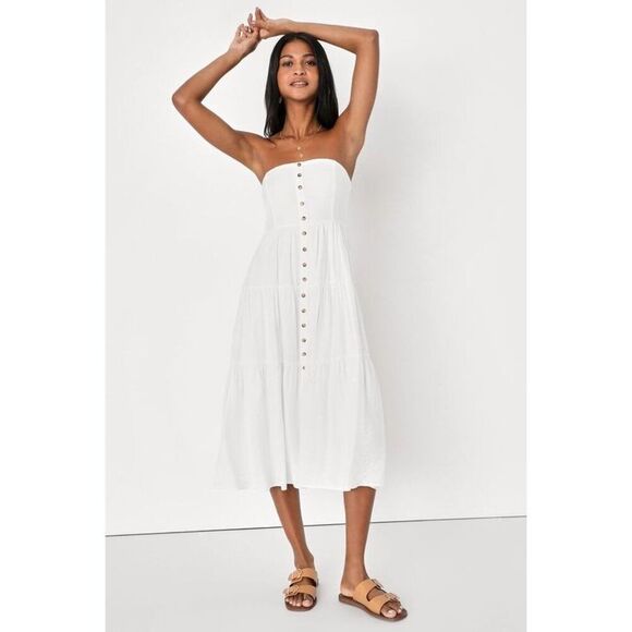 Lulus Sweetness And Sunshine White Strapless Midi Dress With Pockets - Size L - Picture 1 of 5